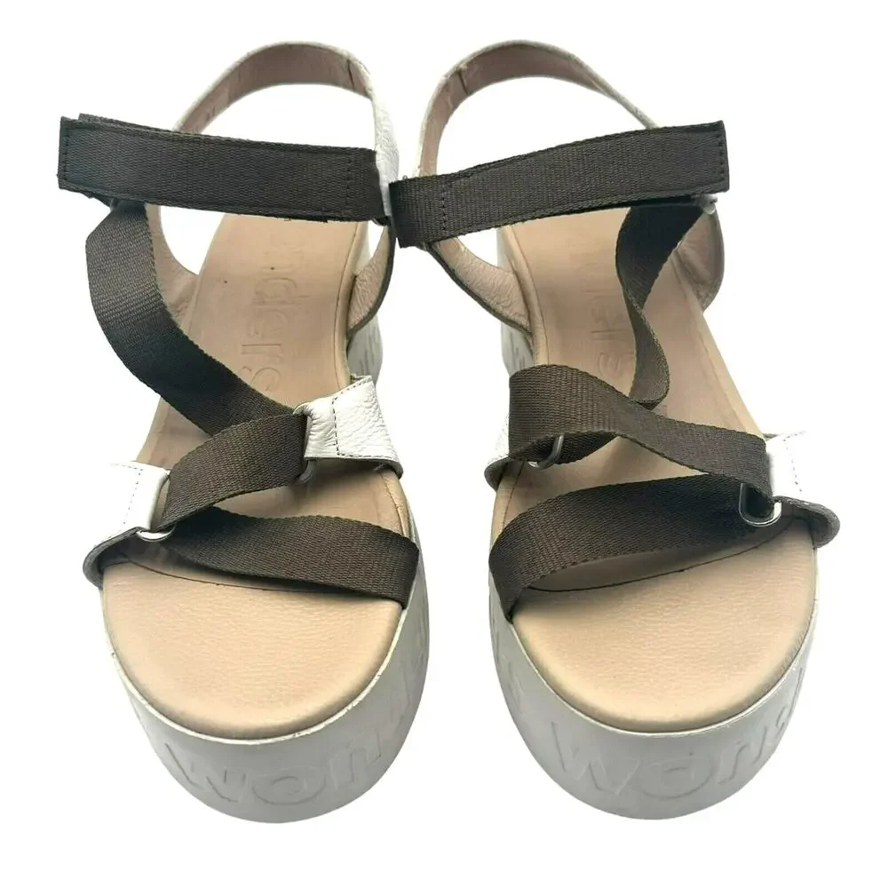 WONDERS Sandals Women's 10 Platform Wedge Brown White Leather Memory Gel B-7521‎